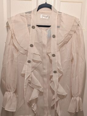 Tie-Neck Ruffle Sheer Blouse in Cream